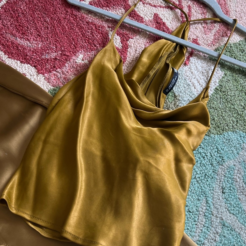 Satin Cowl Neck Camisole Top - Mustard with matching skirt